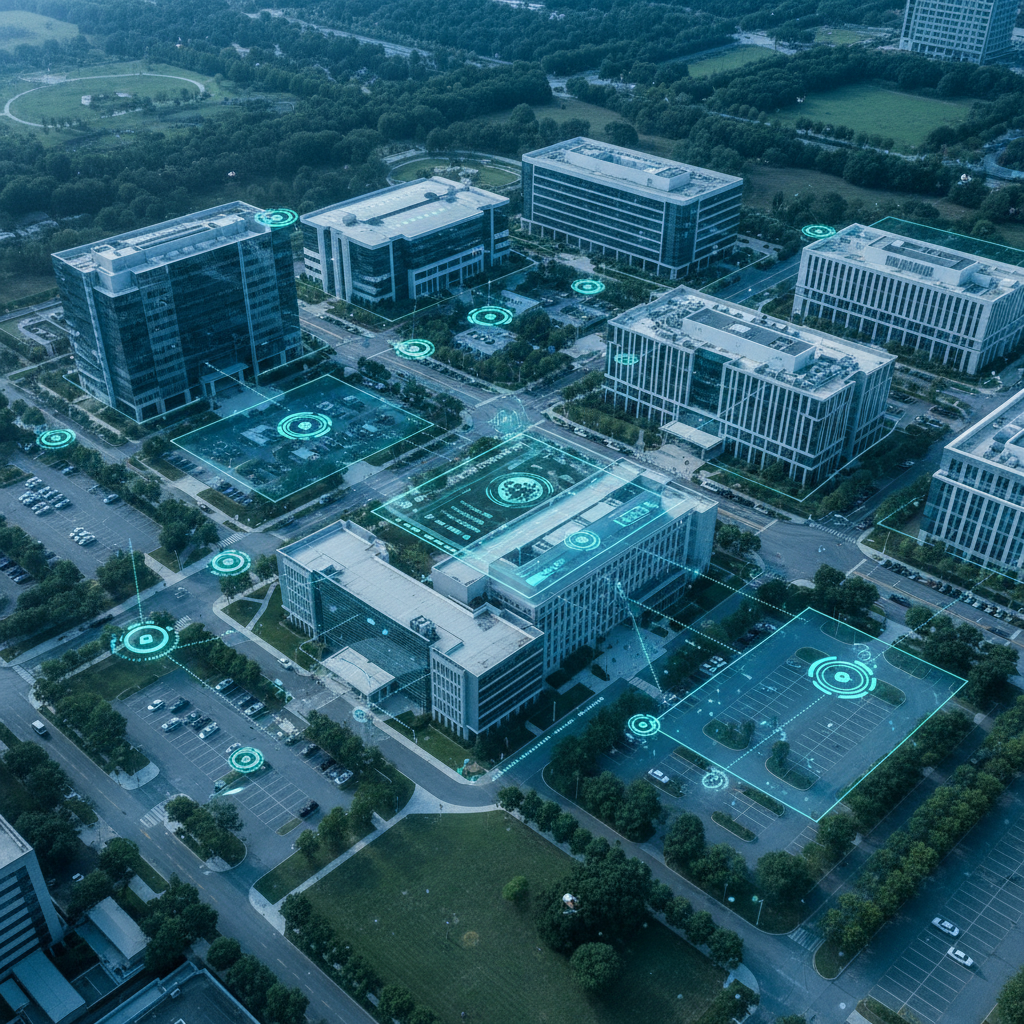 Vista Aérea de Campus con Sistema de Control de Acceso por Geolocalización GeoAccess